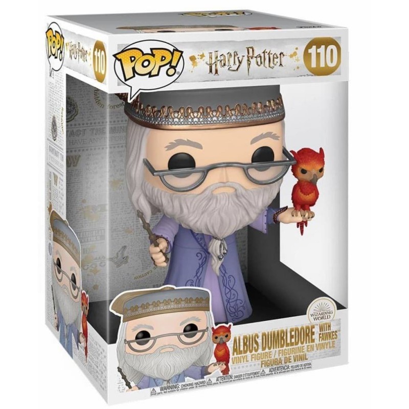 Figura Funko Pop! 110 Albus Dumbledore de 25 cm que porta una la varita Sauco en la mano derecha y al fénix Fawkes