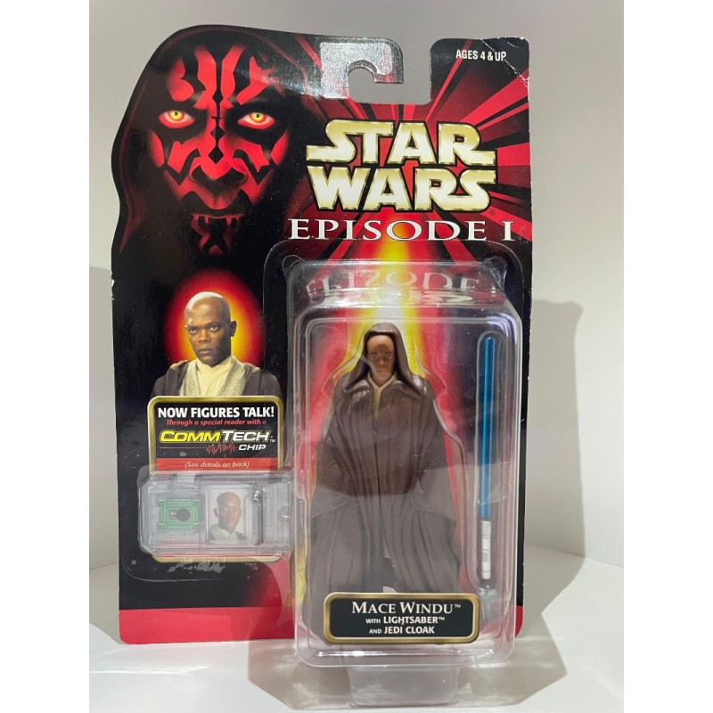 Mace Windu with lightsaber and jedi cloack CommTech chip Episode I Collection figura 9,5 cm